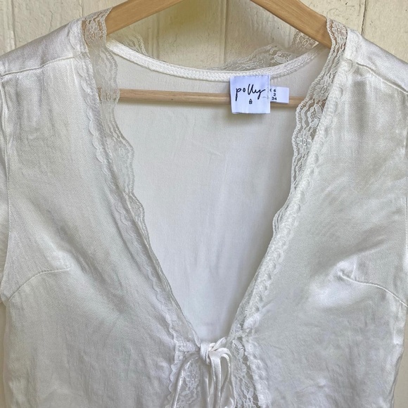 Princess Polly White Vintage Tie-Up Tie Front Lace Crop Top - Picture 3 of 4
